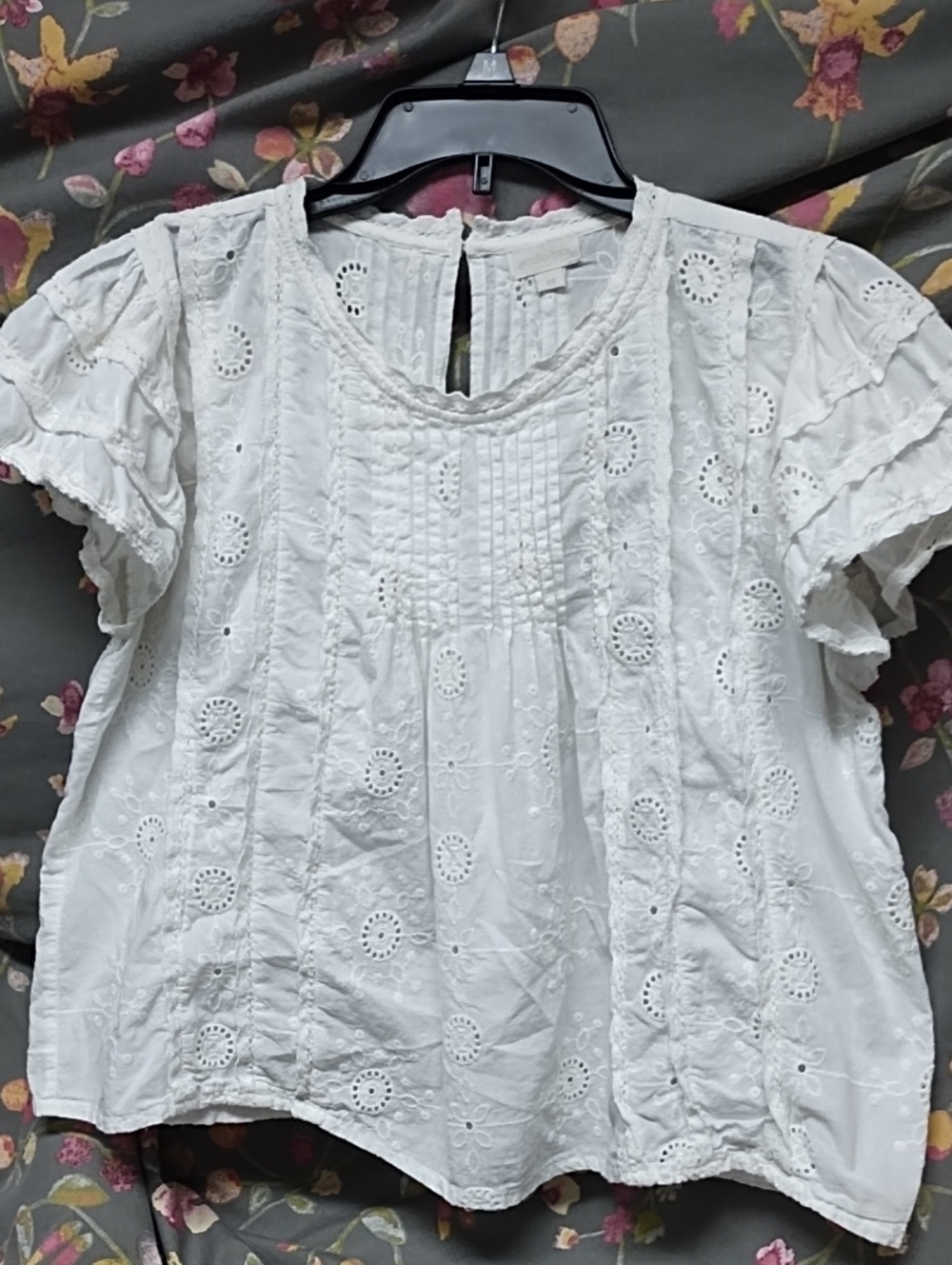 Eyelet Pintuck White Blouse with Flutter Sleeves